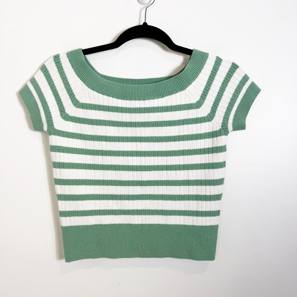 Abercrombie Kids Sweater Top Girls 11/12 Green White Striped Short Sleeve Knit